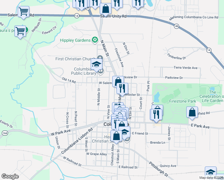map of restaurants, bars, coffee shops, grocery stores, and more near 149 North Main Street in Columbiana