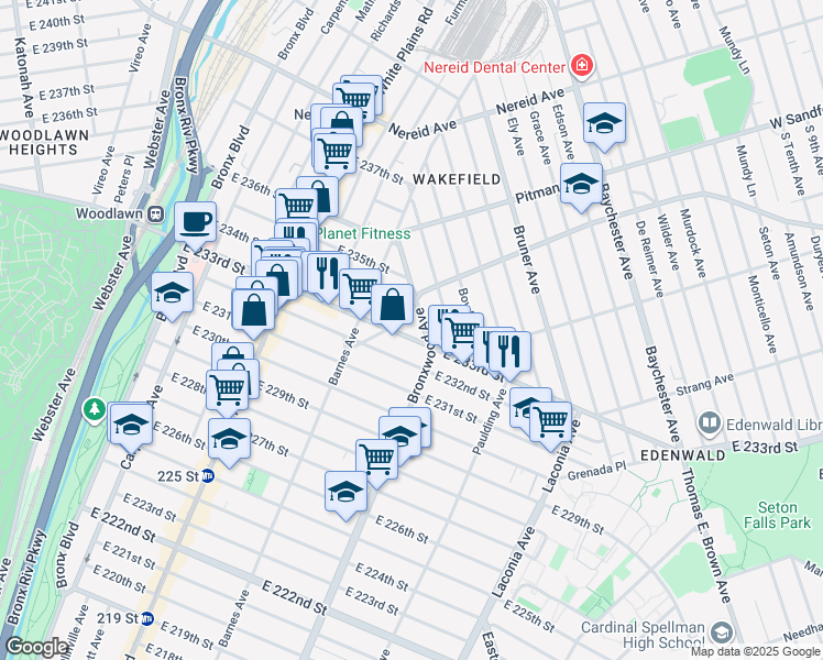 map of restaurants, bars, coffee shops, grocery stores, and more near 866 East 233rd Street in The Bronx