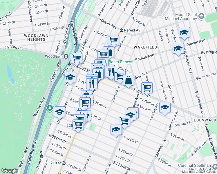 map of restaurants, bars, coffee shops, grocery stores, and more near in The Bronx