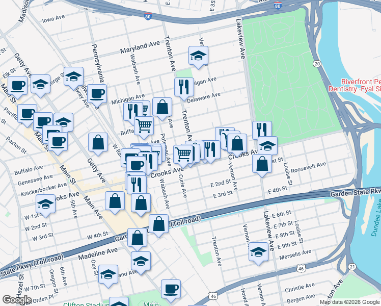 map of restaurants, bars, coffee shops, grocery stores, and more near in Paterson
