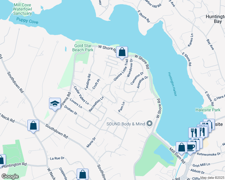 map of restaurants, bars, coffee shops, grocery stores, and more near 87 Glenna Little Trail in Huntington
