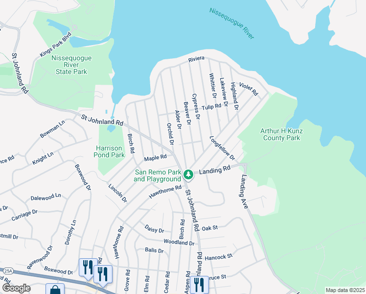 map of restaurants, bars, coffee shops, grocery stores, and more near 32 Alder Drive in Kings Park