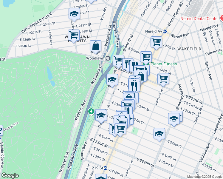 map of restaurants, bars, coffee shops, grocery stores, and more near 4125 Carpenter Avenue in The Bronx