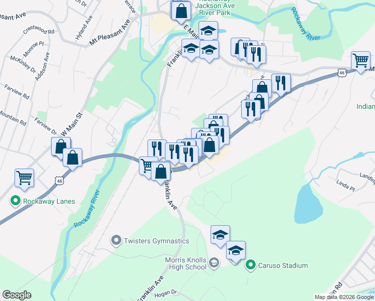 map of restaurants, bars, coffee shops, grocery stores, and more near 177 U.S. 46 in Rockaway