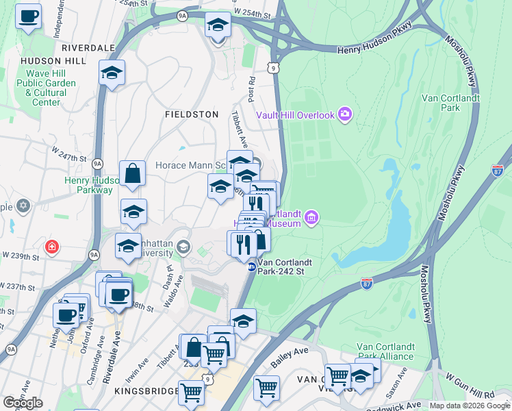 map of restaurants, bars, coffee shops, grocery stores, and more near 4445 Post Road in The Bronx