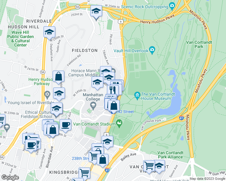 map of restaurants, bars, coffee shops, grocery stores, and more near 4410 Cayuga Avenue in Bronx