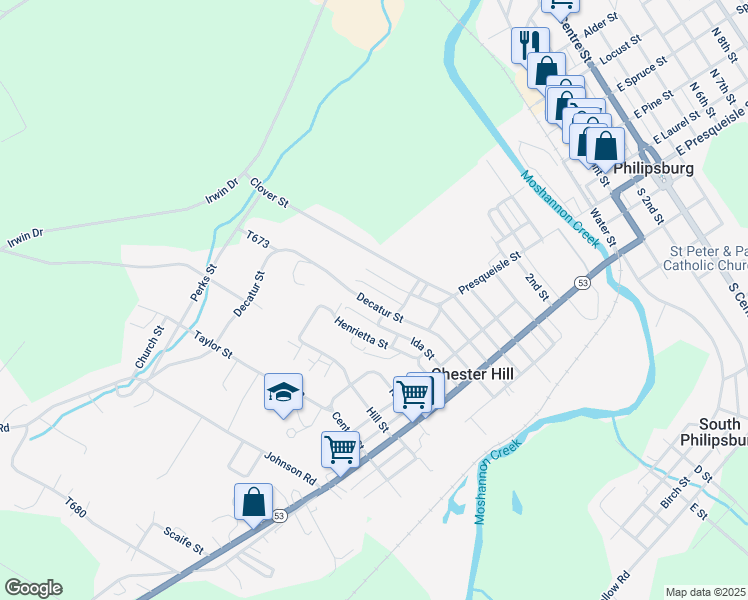 map of restaurants, bars, coffee shops, grocery stores, and more near 679-699 Ida Street in Philipsburg