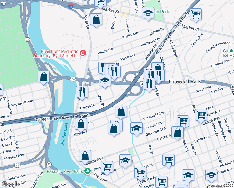 map of restaurants, bars, coffee shops, grocery stores, and more near 93 Bank Street in Elmwood Park