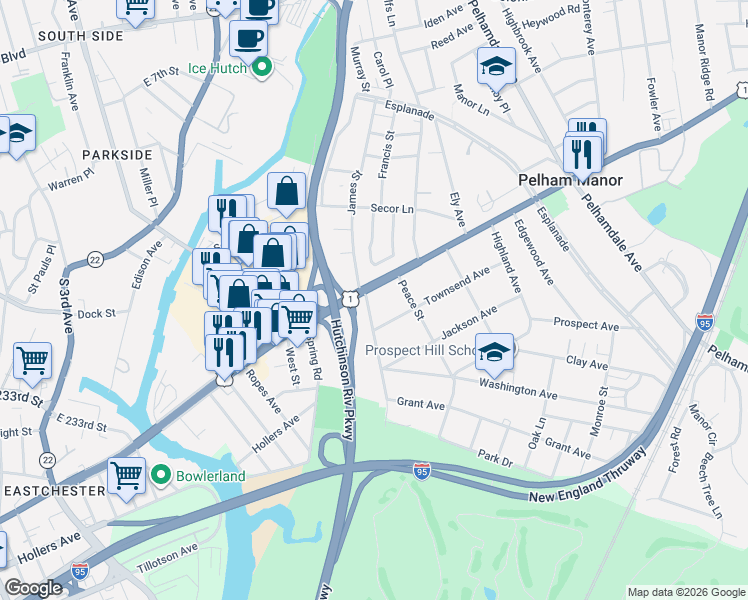 map of restaurants, bars, coffee shops, grocery stores, and more near 115 Townsend Avenue in Pelham Manor