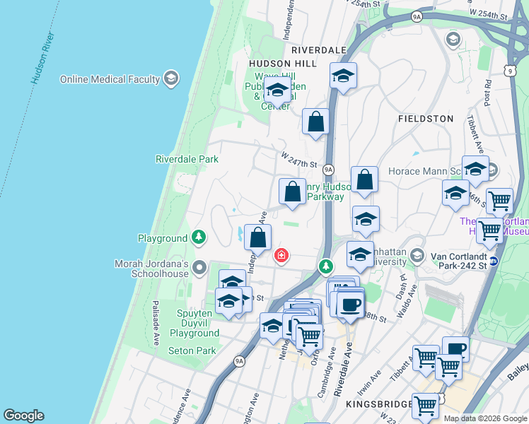 map of restaurants, bars, coffee shops, grocery stores, and more near Independence Avenue & West 246th Street in Bronx