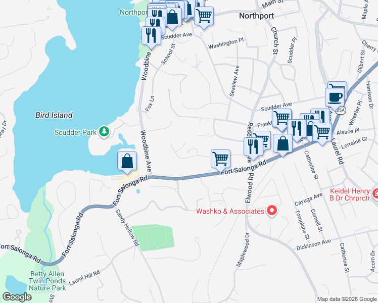 map of restaurants, bars, coffee shops, grocery stores, and more near 61 Lisa Drive in Northport