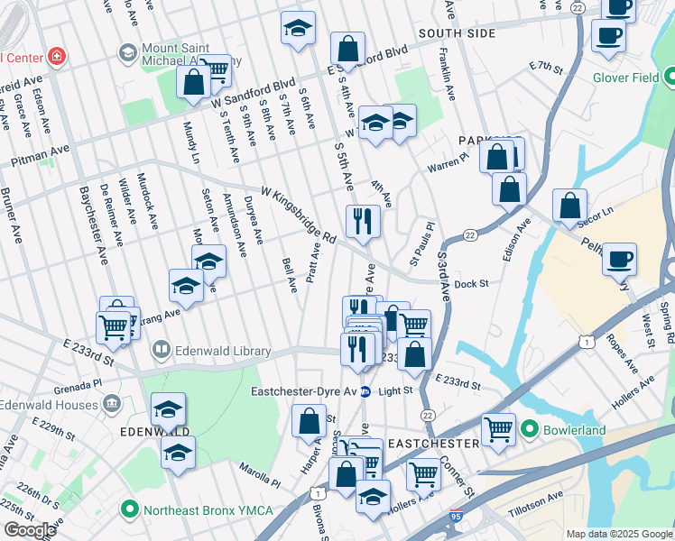 map of restaurants, bars, coffee shops, grocery stores, and more near 4027 Harper Avenue in Bronx