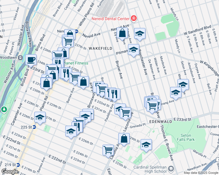 map of restaurants, bars, coffee shops, grocery stores, and more near 1760 Edenwald Avenue in Bronx