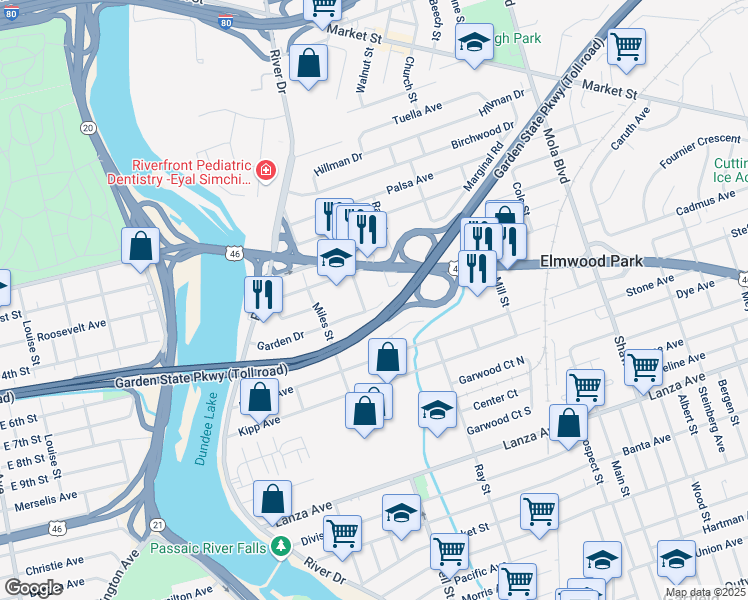 map of restaurants, bars, coffee shops, grocery stores, and more near 93 Bank Street in Elmwood Park