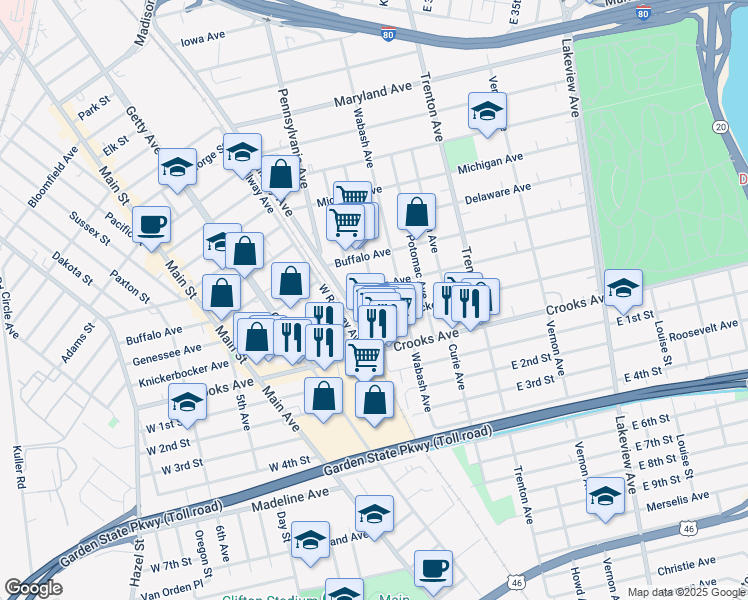 map of restaurants, bars, coffee shops, grocery stores, and more near 333 East Railway Avenue in Paterson