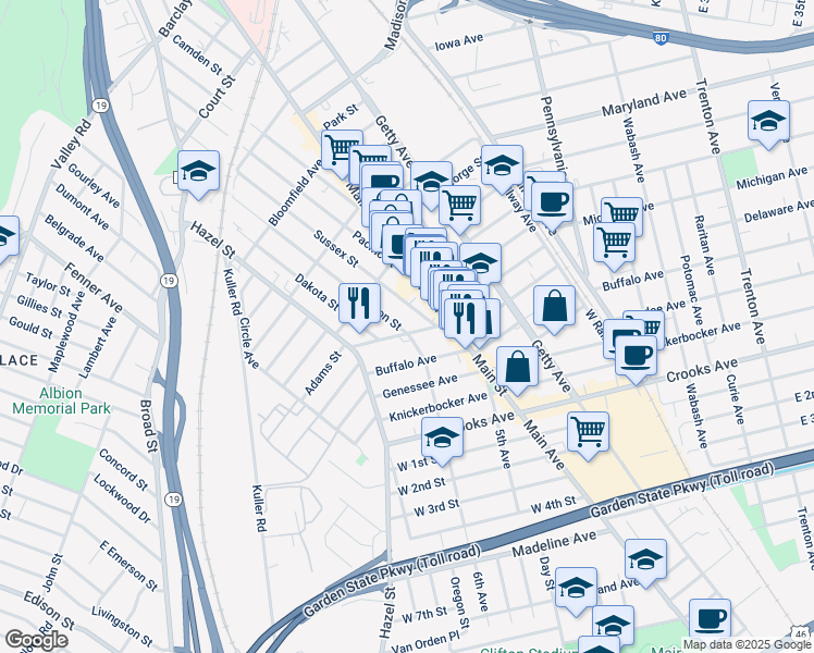 map of restaurants, bars, coffee shops, grocery stores, and more near 434 Paxton Street in Paterson
