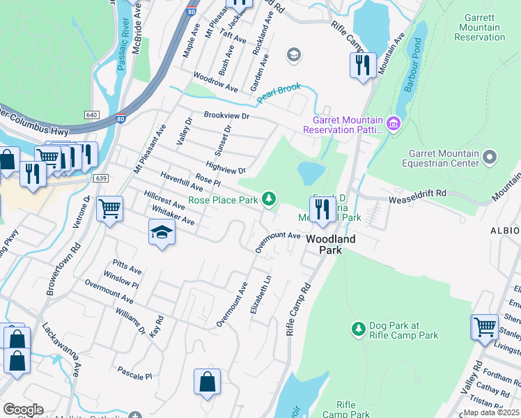 map of restaurants, bars, coffee shops, grocery stores, and more near 219 Overmount Avenue in Woodland Park