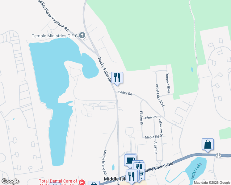 map of restaurants, bars, coffee shops, grocery stores, and more near 1 Bailey Road in Middle Island