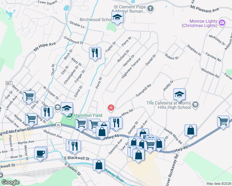 map of restaurants, bars, coffee shops, grocery stores, and more near 303 Daniel Street in Dover