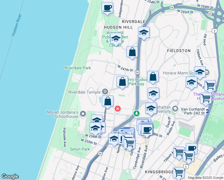 map of restaurants, bars, coffee shops, grocery stores, and more near 655 West 246th Street in The Bronx