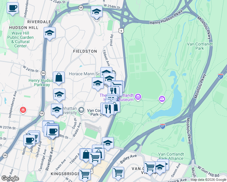 map of restaurants, bars, coffee shops, grocery stores, and more near 4445 Post Road in Bronx