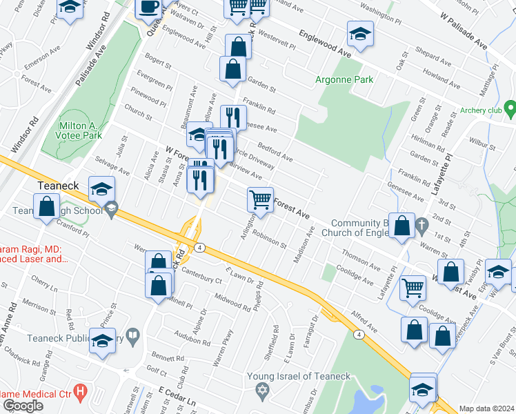 map of restaurants, bars, coffee shops, grocery stores, and more near 1141 Arlington Avenue in Teaneck