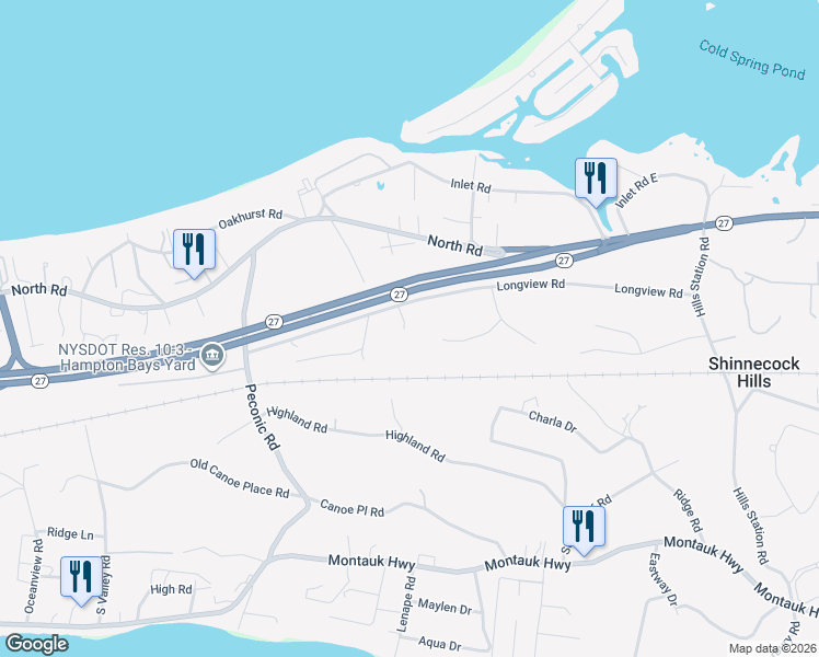 map of restaurants, bars, coffee shops, grocery stores, and more near 134 Longview Road in Southampton