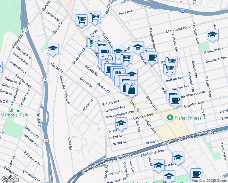 map of restaurants, bars, coffee shops, grocery stores, and more near 63 Dey Street in Paterson