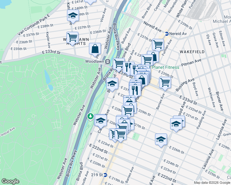 map of restaurants, bars, coffee shops, grocery stores, and more near Carpenter Ave & E 230th St in Bronx