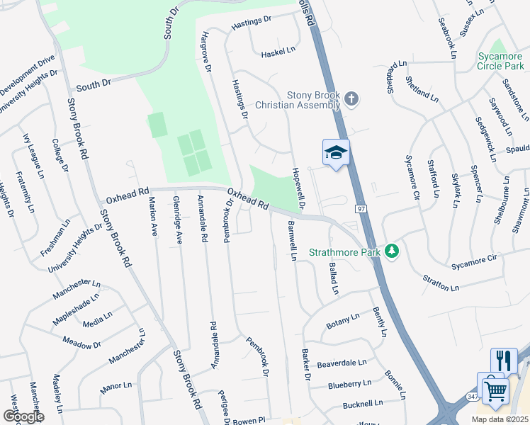 map of restaurants, bars, coffee shops, grocery stores, and more near 1 Knolls Drive in Stony Brook