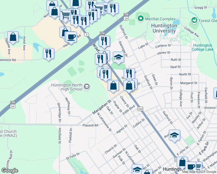map of restaurants, bars, coffee shops, grocery stores, and more near 1980 North Jefferson Street in Huntington