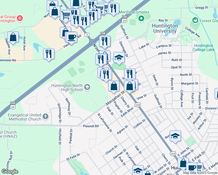 map of restaurants, bars, coffee shops, grocery stores, and more near 1980 North Jefferson Street in Huntington