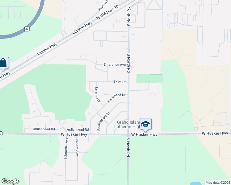map of restaurants, bars, coffee shops, grocery stores, and more near Trust Street in Grand Island