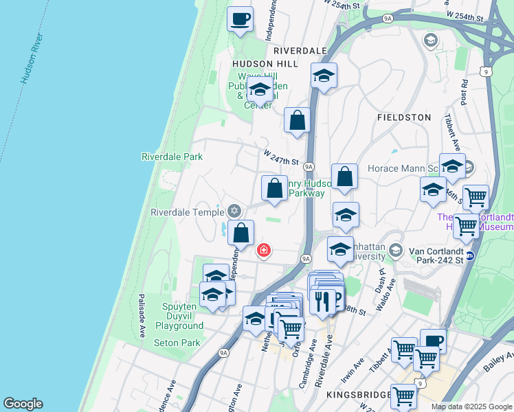 map of restaurants, bars, coffee shops, grocery stores, and more near 640 West 246th Street in Bronx