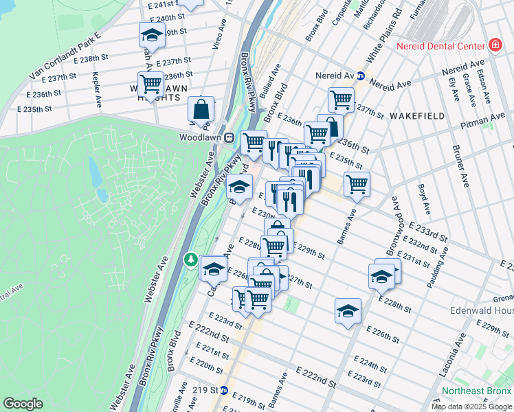 map of restaurants, bars, coffee shops, grocery stores, and more near 4150 Bronx Boulevard in Bronx