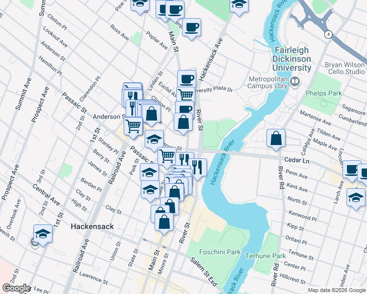 map of restaurants, bars, coffee shops, grocery stores, and more near 453 Main Street in Hackensack