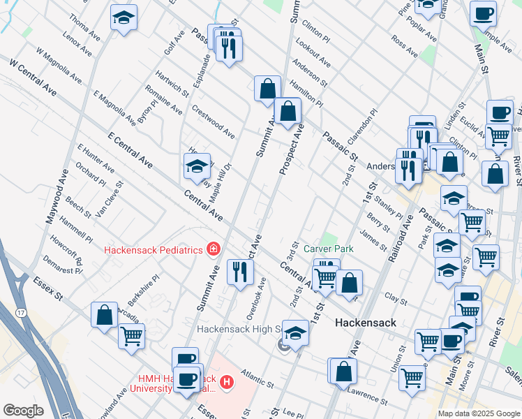 map of restaurants, bars, coffee shops, grocery stores, and more near 307 Prospect Avenue in Hackensack