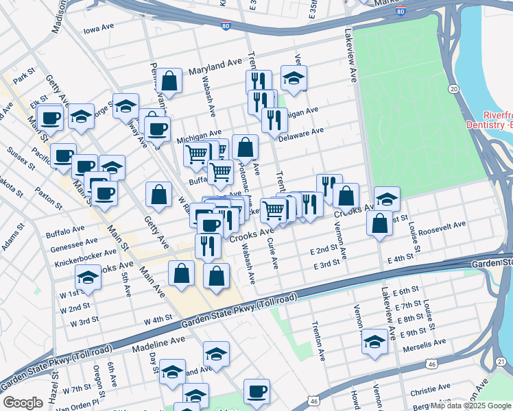 map of restaurants, bars, coffee shops, grocery stores, and more near 104 Dundee Avenue in Paterson