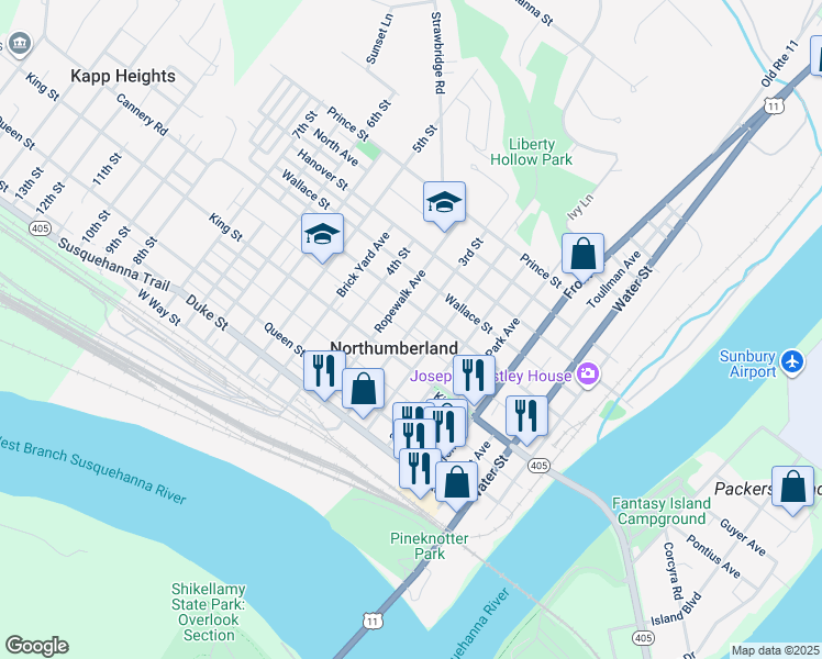 map of restaurants, bars, coffee shops, grocery stores, and more near 331 Orange Street in Northumberland