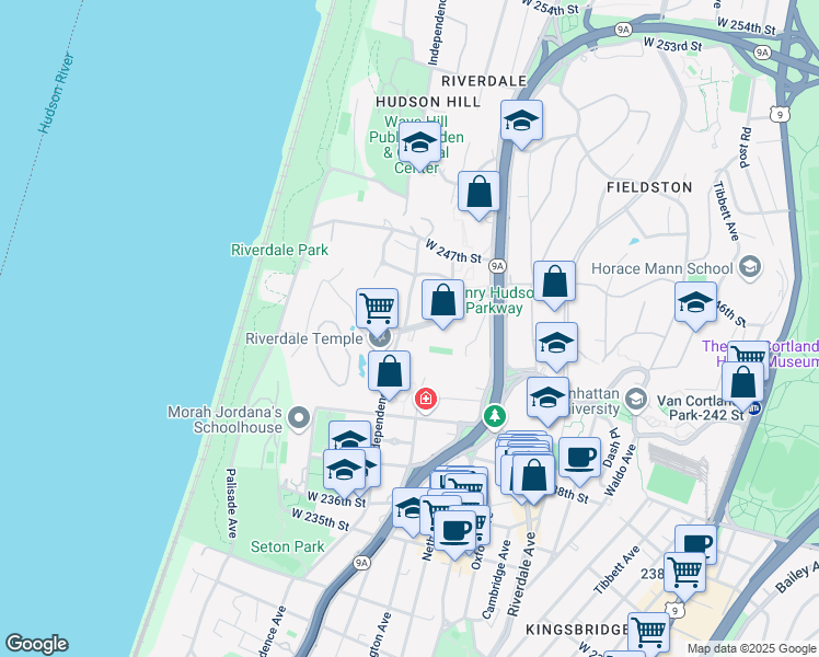 map of restaurants, bars, coffee shops, grocery stores, and more near 649 West 246th Street in Bronx