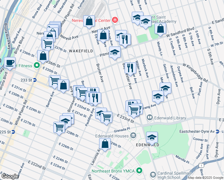 map of restaurants, bars, coffee shops, grocery stores, and more near Edenwald Avenue & Ely Avenue in Bronx