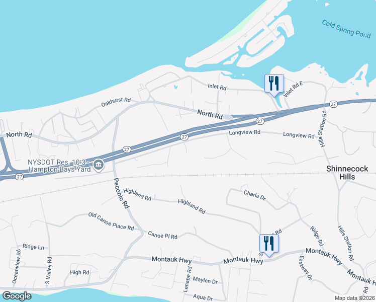 map of restaurants, bars, coffee shops, grocery stores, and more near 134 Longview Road in Southampton