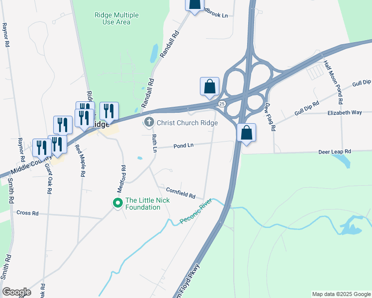map of restaurants, bars, coffee shops, grocery stores, and more near 16 Pond Lane in Ridge