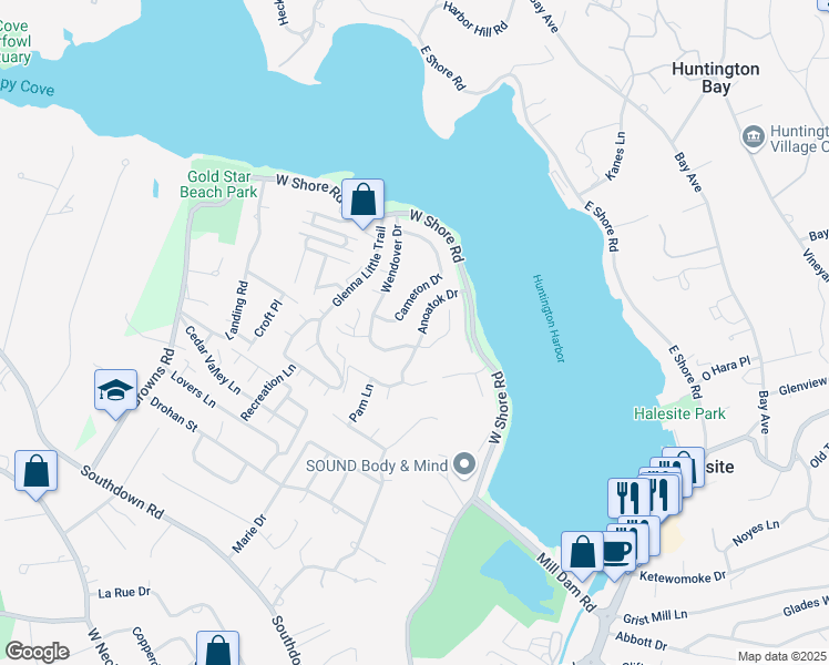map of restaurants, bars, coffee shops, grocery stores, and more near 44 Cameron Drive in Huntington