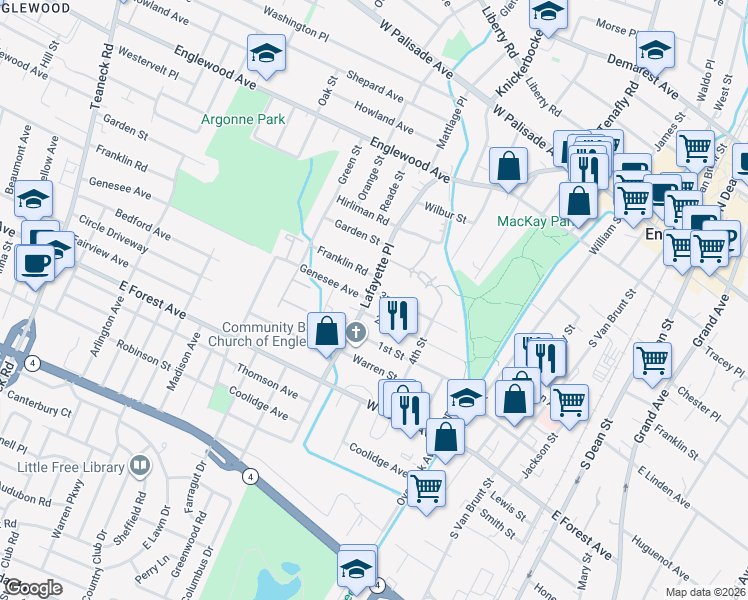 map of restaurants, bars, coffee shops, grocery stores, and more near 153 Lafayette Place in Englewood