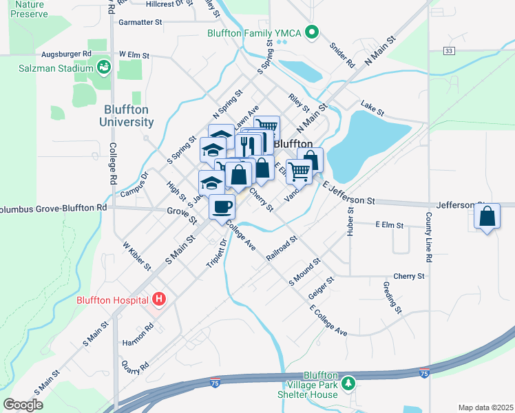 map of restaurants, bars, coffee shops, grocery stores, and more near 111 Cherry Street in Bluffton