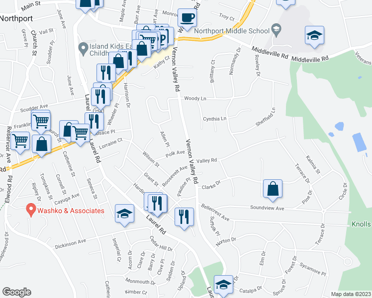 map of restaurants, bars, coffee shops, grocery stores, and more near 243 Vernon Valley Road in Northport