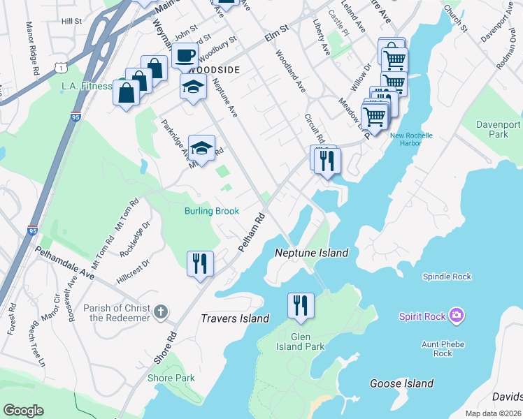map of restaurants, bars, coffee shops, grocery stores, and more near in New Rochelle