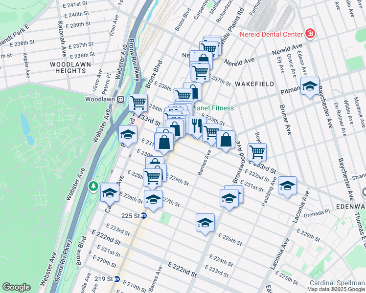 map of restaurants, bars, coffee shops, grocery stores, and more near 708 East 233rd Street in The Bronx