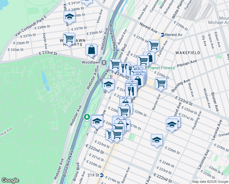 map of restaurants, bars, coffee shops, grocery stores, and more near 4150 Bronx Boulevard in Bronx